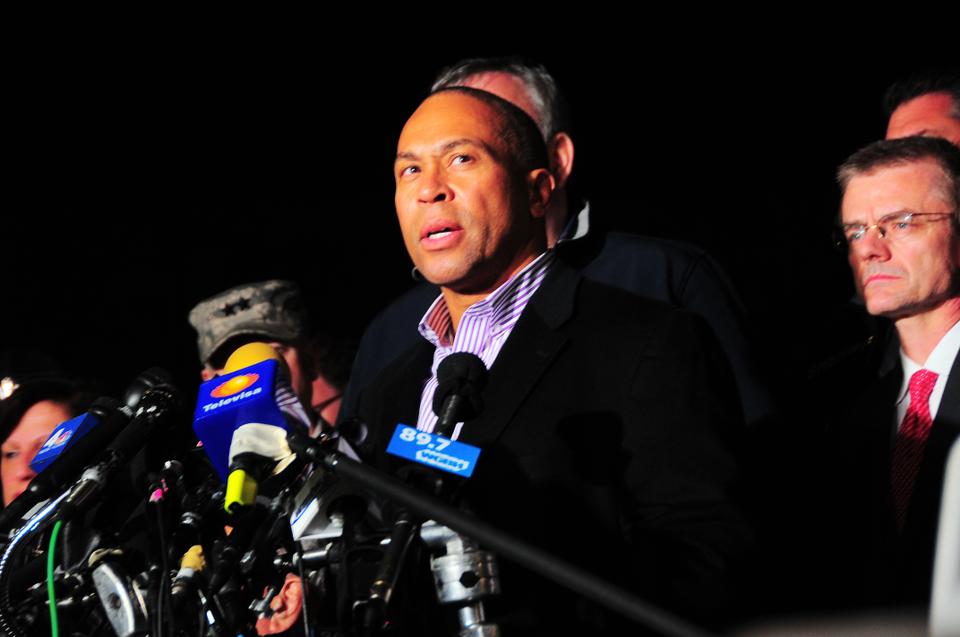 Massachusetts Governor Deval Patrick briefs the media and community on the capture of Dzhokhar Tsarnaev Friday evening.