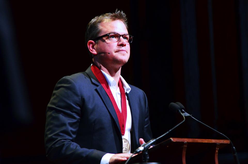 Matt Damon ('88-'92) expresses his gratitude towards being awarded the 2013 Harvard Arts Medal at the kickoff event of ArtsFirst Weekend in Sanders Theater on Thursday. Damon, esteemed actor and philanthropist, was interviewed about his undergraduate life, dramatic career, and nonprofit by John Lithgow '67, the founder of ArtsFirst and well-respected actor.