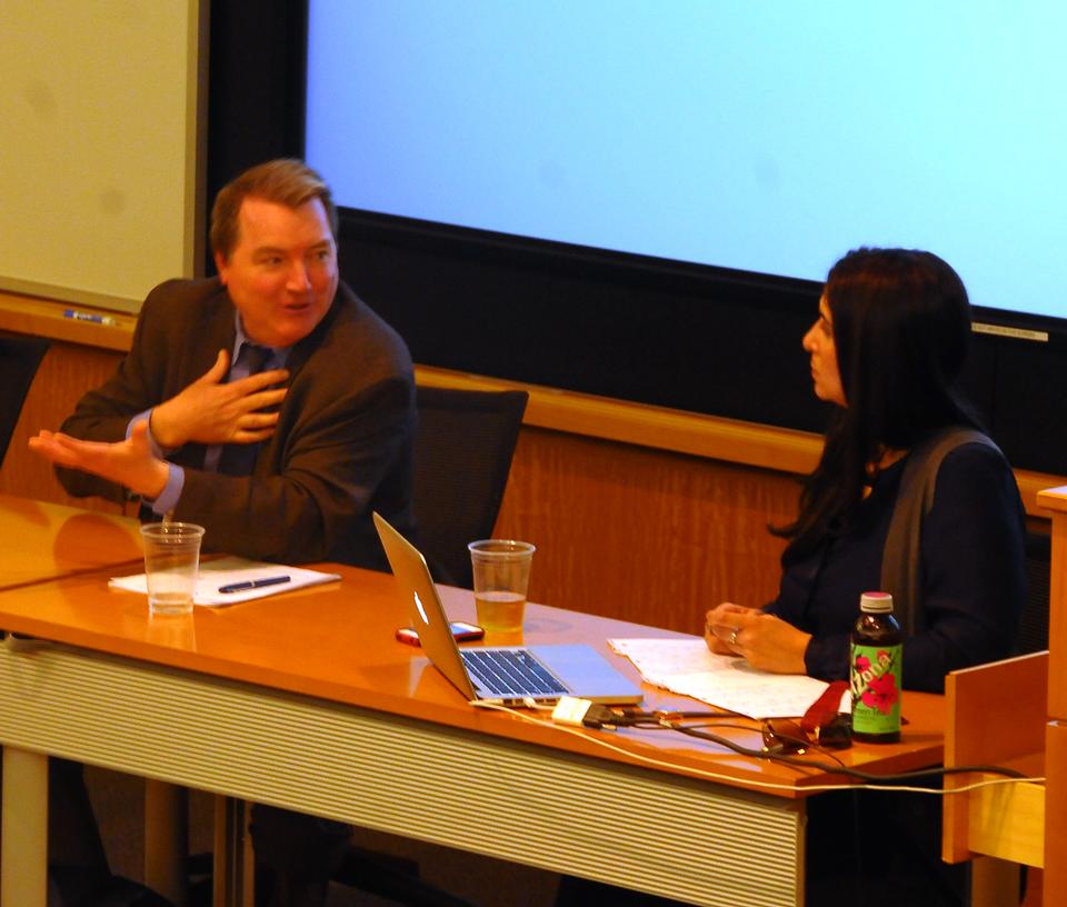 New York Times reporter Souad Mekhennet and Northeastern professor of Political Science Denis Sullivan discuss Arab discrepancies and American involvement Monday afternoon in the CGIS building 