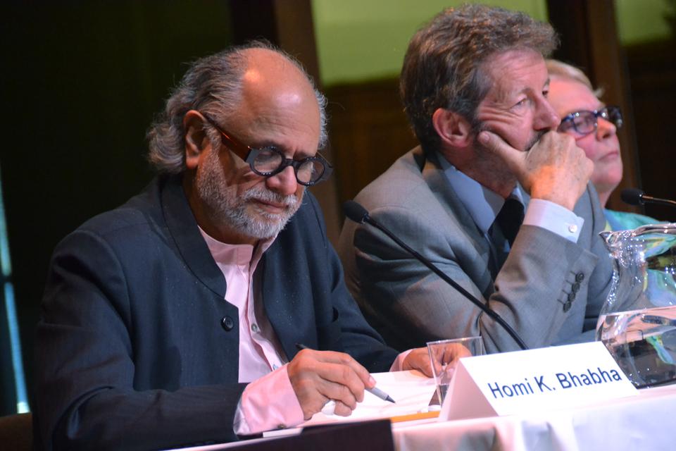Homi K. Bhabha, Director of the Mahindra Humanities Center, speaks about the future of humanities at Harvard in the Radcliffe Gymnasium on Tuesday. The panel included President Drew Faust, Lawrence S. Bacow, President Emeritus of Tufts University, and Diana Sorensen, Dean of Arts and Humanities.  