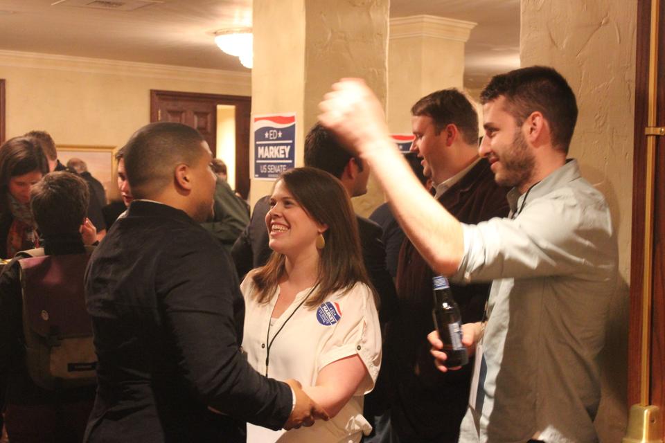 Staff members for Rep. Edward J. Markey celebrate the veteran congressman’s win in Tuesday night’s Democratic senate primary.