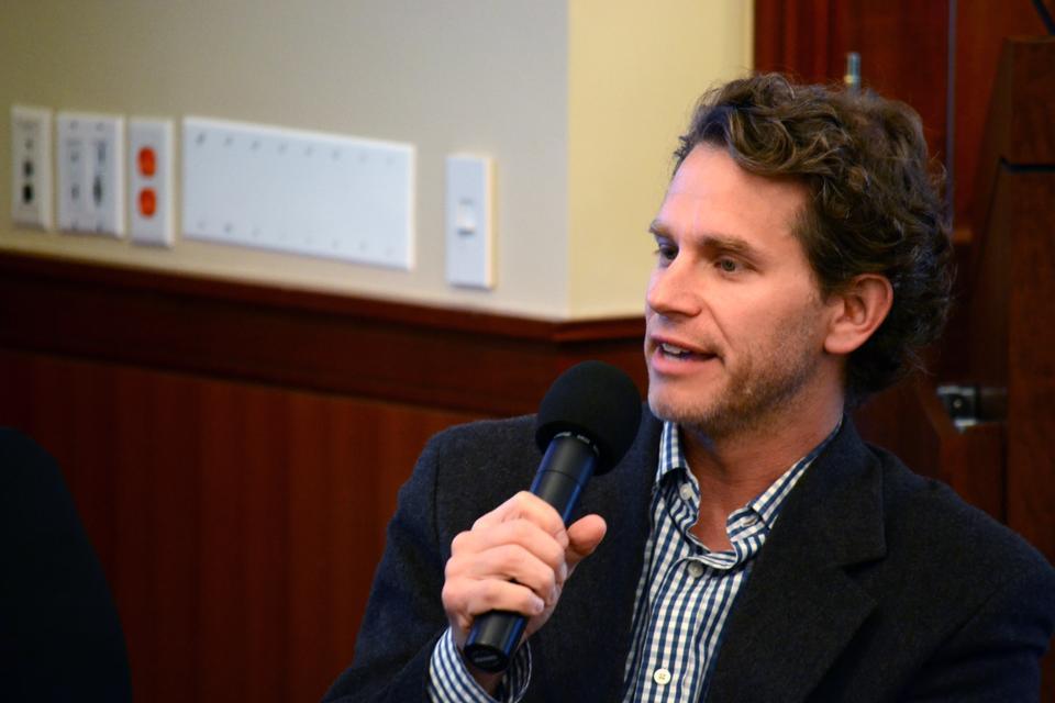 Nieman Fellow David Abel chronicles his experience at the finish line of the Boston Marathon, where he was filming a documentary, during a panel at the Nieman Foundation on Wednesday evening. Initially, he thought the first explosion 10 feet away from him was a system malfunction; but after the second bomb, just like when the second plane hit the Second Tower, he knew it was an attack.