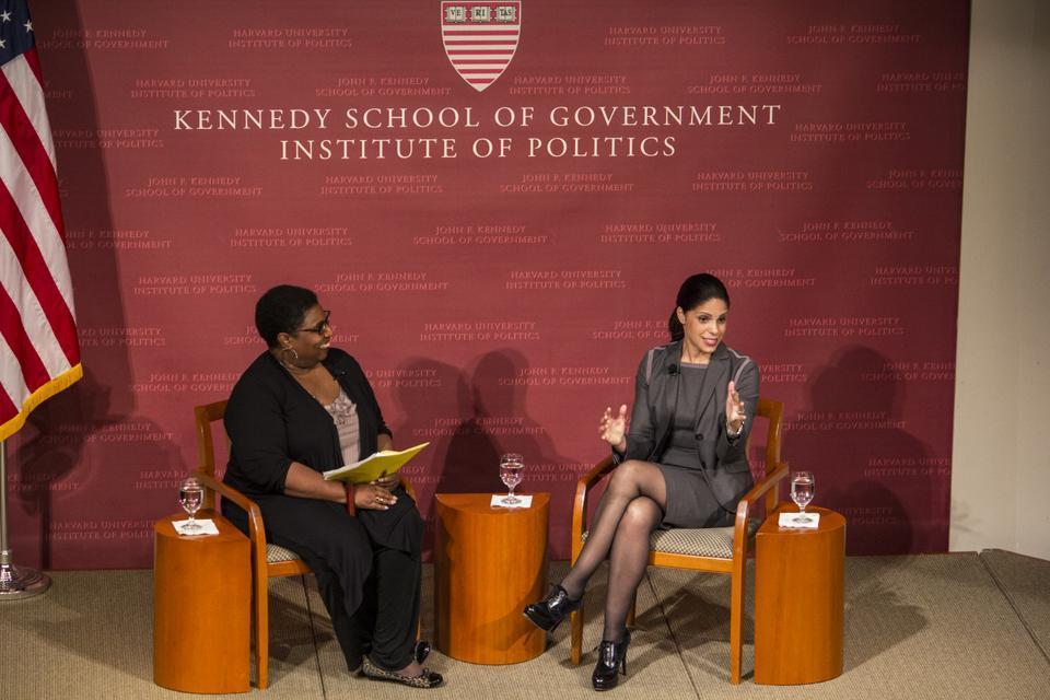 Callie Crossley and Soledad M. O'Brien ’88-’00 (right) talk about the journalistic correspondence of the Boston bombing and O'Brien's family background at the IOP Forum. O'Brien is going to be a visiting fellow at the Harvard Graduate School of Education next year.