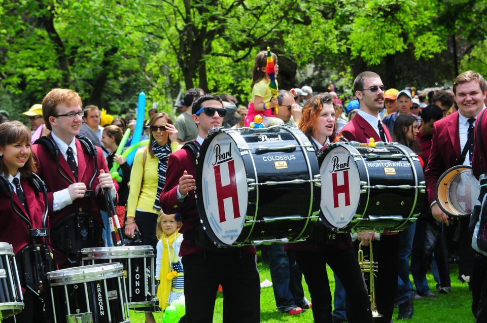 Eric Zuckerman ‘15 plays with The Harvard University Band at the Duckling Day Parade on Sunday. Duckling Day is an annual event held to benefit the Boston Public Garden.  