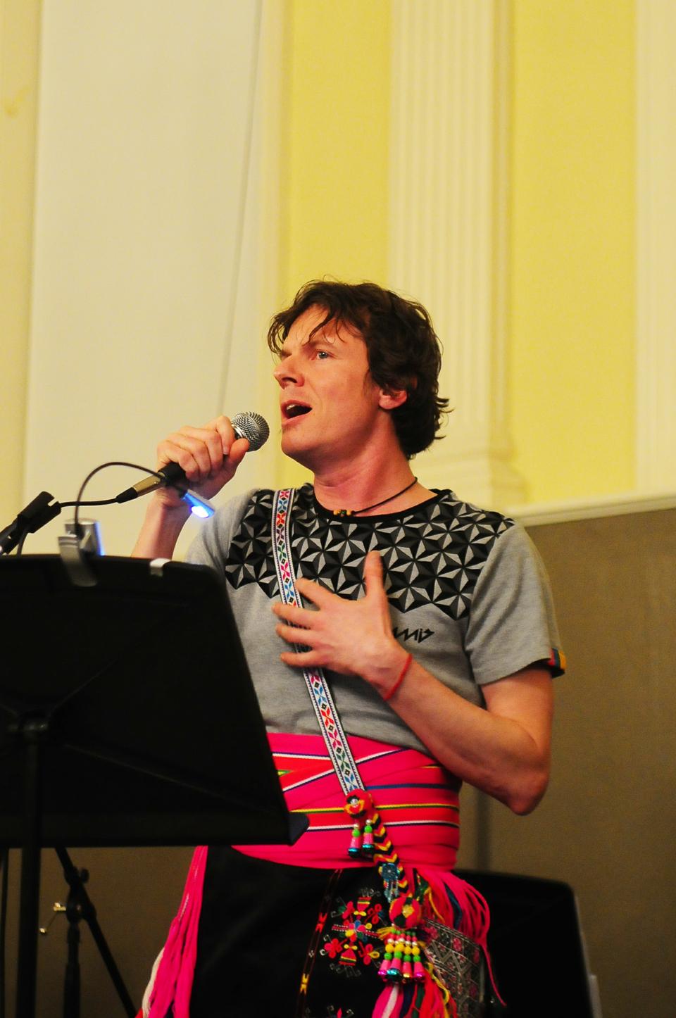 DJ Hatfield, Assistant Professor at the Berklee College of Music makes a guest appearance at the of the World Music Ensemble Spring Concert at Dudley House on Friday night.  The ensemble performed French, Chinese, and Indian music on a variety of instruments including the Chinese guzheng, iPad, and accordion.