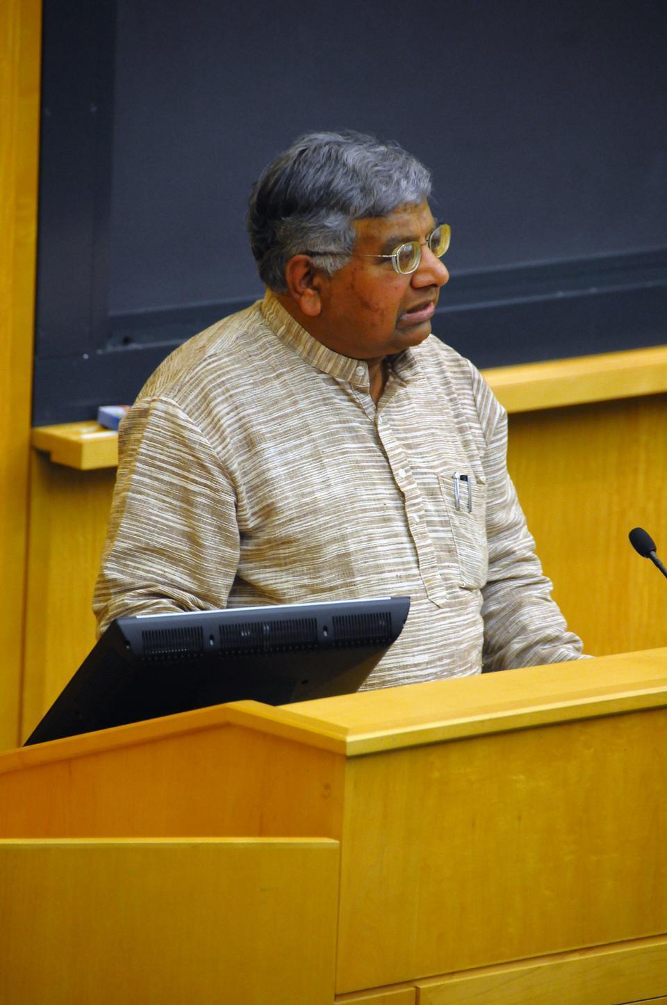 Dr. Bijroy Misra announces the beginning of the 17th Annual India Poetry Reading and encourages audience members to present their poems in the Tsai Auditorium on Saturday evening. In light of recent events, the theme of this year's reading was "healing" and several speakers from the community presented related works of poetry. 