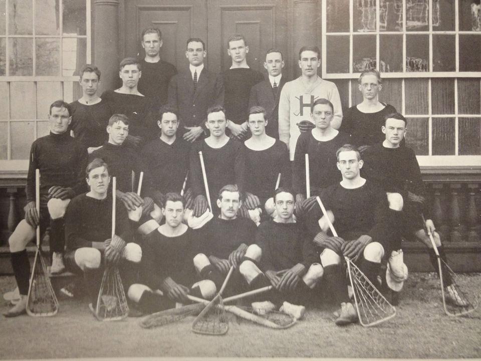 The 1913 Harvard men's lacrosse team. Row 1: See, Eaton, Gustafon, Conant, Conway, Onthank, Lincoln, Nightingale. Row 2: Long, Abbe, Simmons, Beatley, Churchill, Brock. Row 3: Catton, Lucas, Wilson, Brundage, Hallock.