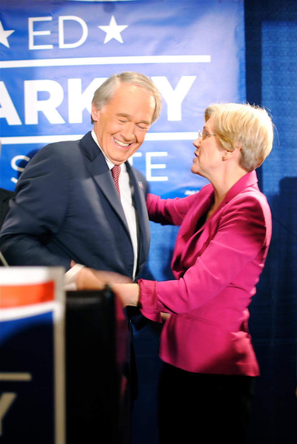 Senator Elizabeth Warren embraces Edward Markey at the Omni Parker Hotel ralley after he won the U.S. Senate Primary in Massachusetts on April 30.