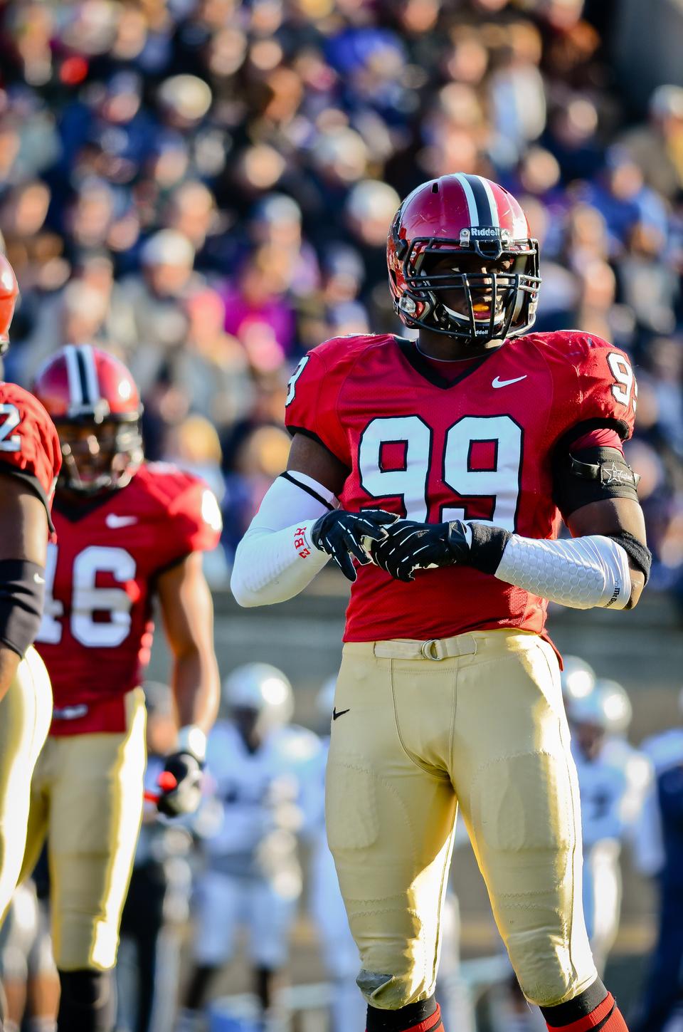 Sophomore defensive lineman Zach Hodges stands in between plays during the Harvard-Yale football game on November 17. He tallied a team-high nine sacks on the year.