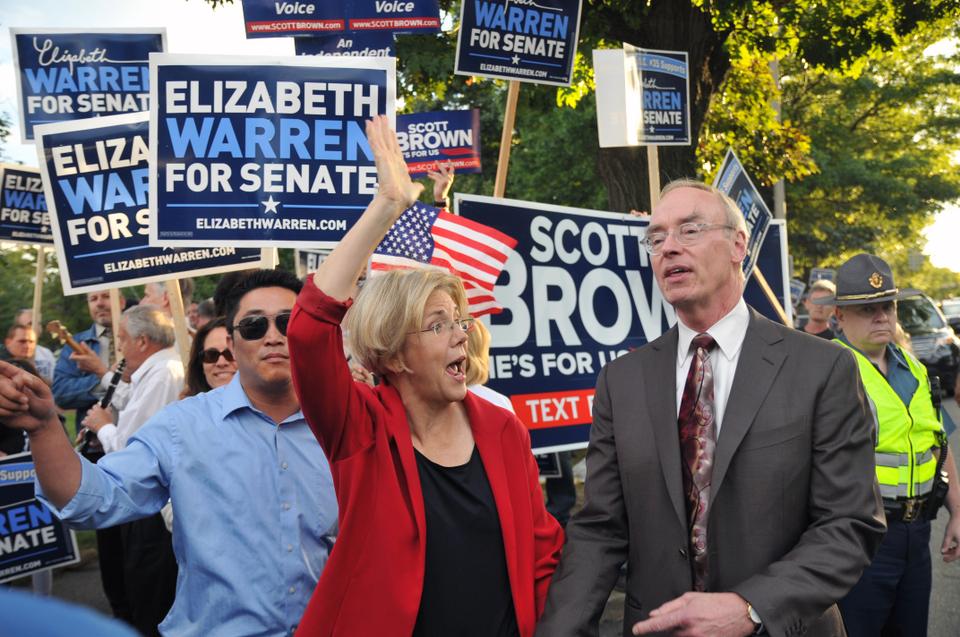 Elizabeth Warren greets supporters at the Warren-Brown debate on September 20.  She became the first female U.S. Senator elected from MA on November 6.
