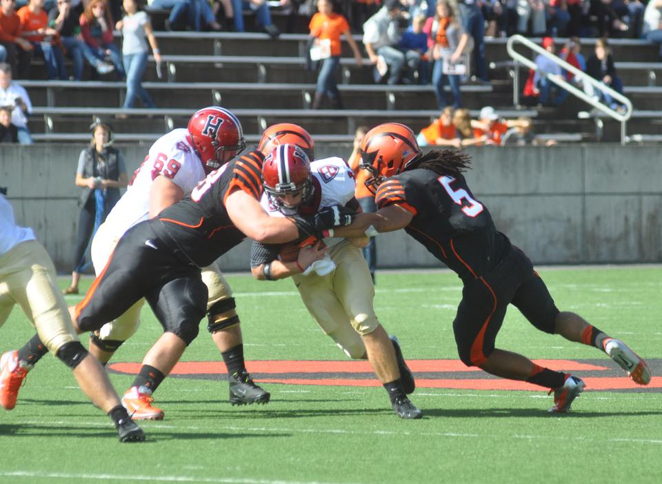 Despite trailing 34-10 with 13 minutes left, Princeton beat Harvard by scoring 29 straight fourth-quarter points to win, 39-34.