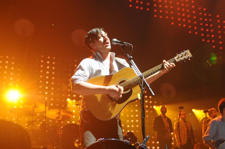 Lead singer Marcus Mumford sings as Mumford & Sons plays the first show of their North American tour at TD Garden in Boston on February 5. 
