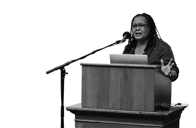 Evelynn M. Hammonds, who will step down as Dean of the College on July 1, speaks about Wintersession programming at a reception in the Barker Center last September.