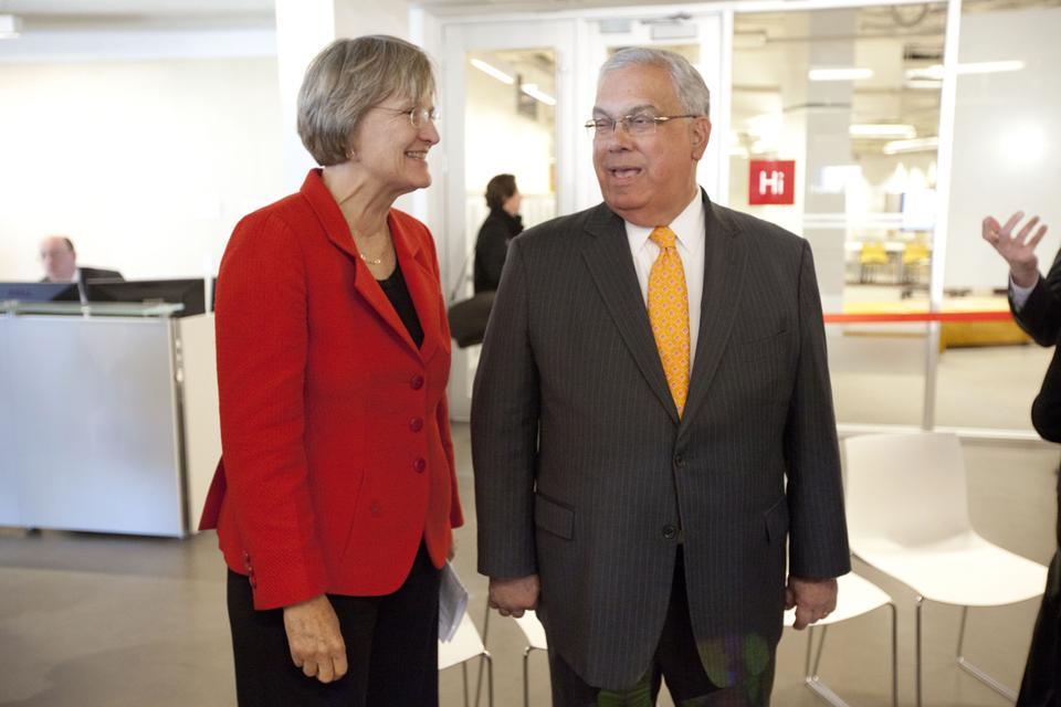 University President Drew G. Faust and Boston Mayor Thomas M. Menino talk at the opening of the Harvard Innovation Lab in Allston in November 2011.