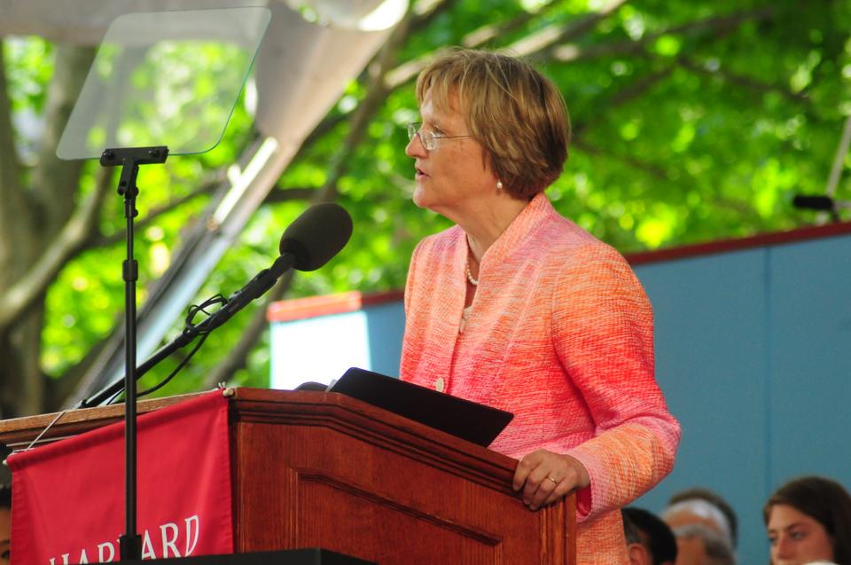 University President Drew G. Faust addresses Harvard graduates, friends, and family members at commencement's afternoon exercises. 