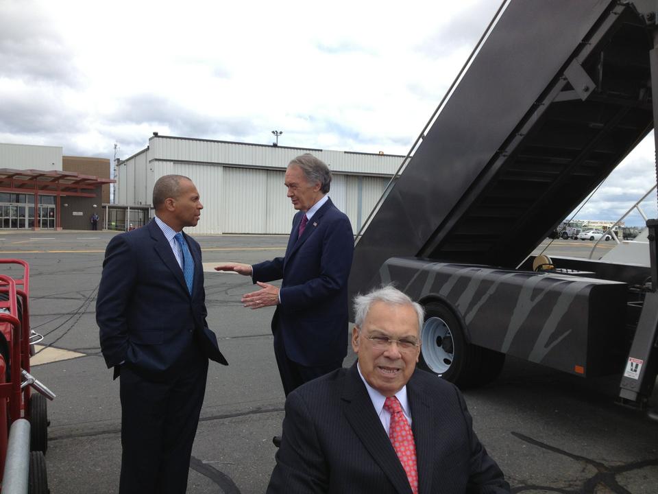 Gov. Deval L. Patrick ’78 (left) and U.S. Rep. Edward J. Markey (center) engage in conversation while Boston Mayor Thomas M. Menino (right) looks on at Boston Logan International Airport on Wednesday. The three politicians were waiting for the arrival of President Barack Obama, who visited Roxbury to stump for Markey, who is running for the state's open Senate seat.