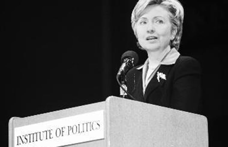 Former Secretary of State Hillary Clinton speaks at Sanders Theatre on March 11, 2002. The then-senator discussed tax policy and public service six months after the Sept. 11, 2001 attacks. 