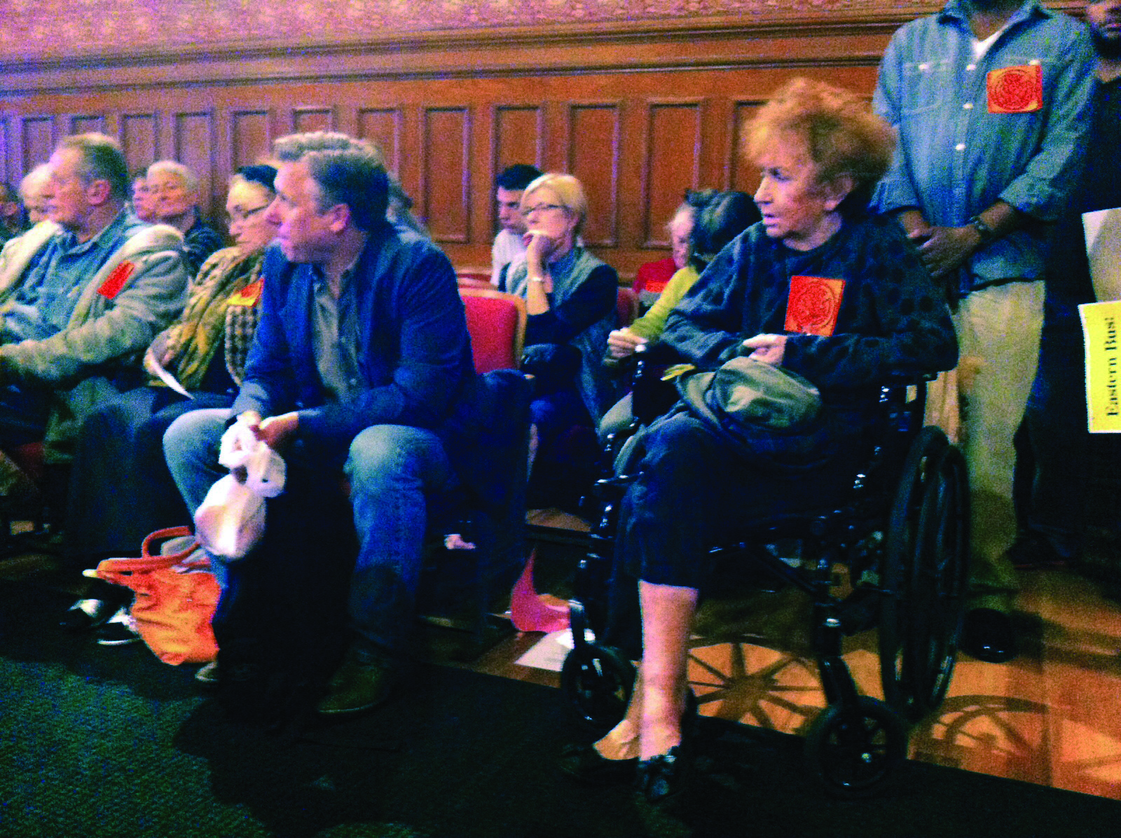 Mary Paulson-Patton and fellow ban opponents filled in the City Hall chamber on Monday to voice their discontent during the public hearing.  All ban opponents wore red badges with the slogan ‘No Ban!’ printed on a stop sign.