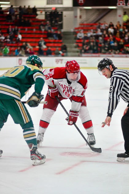 The Harvard men's hockey team, shown here in prior action, could not keep up with Boston College on Wednesday night. The Eagles' nation-leading offense scored five goals, earning its ninth consecutive victory.