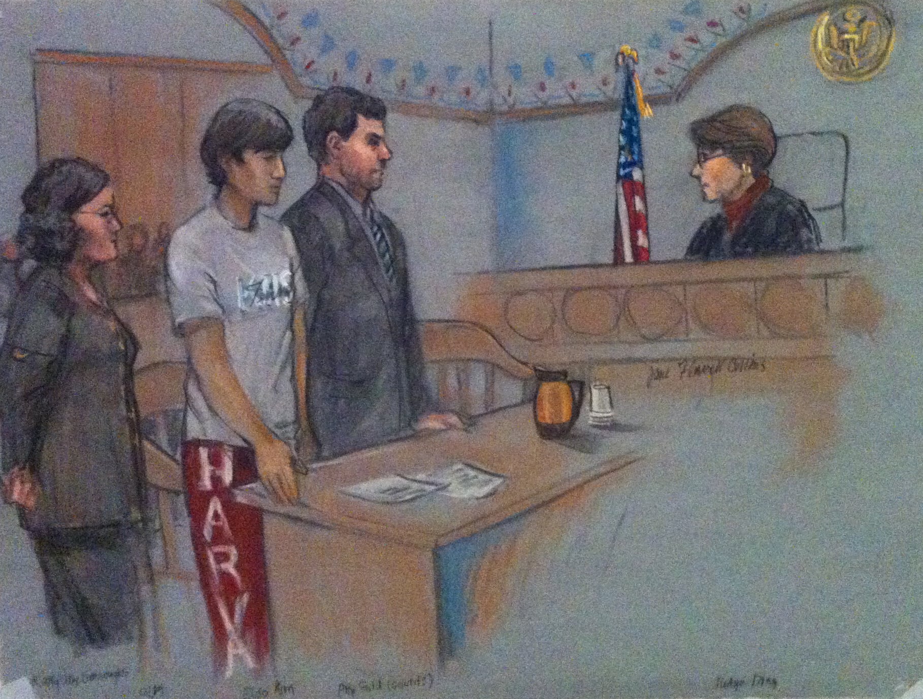 A courtroom sketch by freelance artist Jane F. Collins depicts, from left to right, private defense attorney Allison D. Burroughs, supect Eldo Kim ’16, public defender Ian Gold, and U.S. Magistrate Judge Judith G. Dein during Kim’s pretrial hearing Wednesday afternoon in U.S. District Court in Boston.