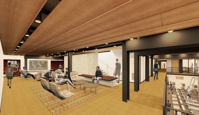 After renewal is complete, Dunster House will include a new lounge space on its lower level, which will overlook a new fitness room, shown here in an artist's rendering.