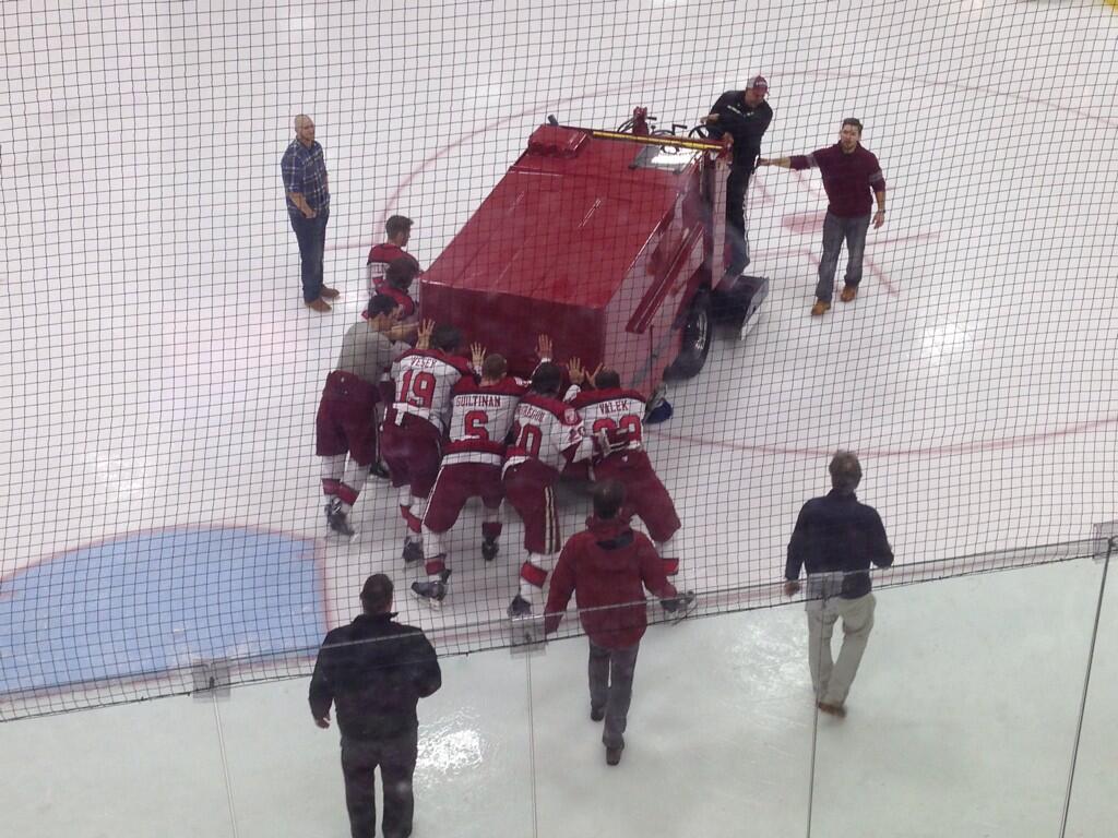 After helping to push a nonfunctional Zamboni off the ice, the men's hockey team tallied its first shutout of the season behind junior goaltender Steve Michalek.