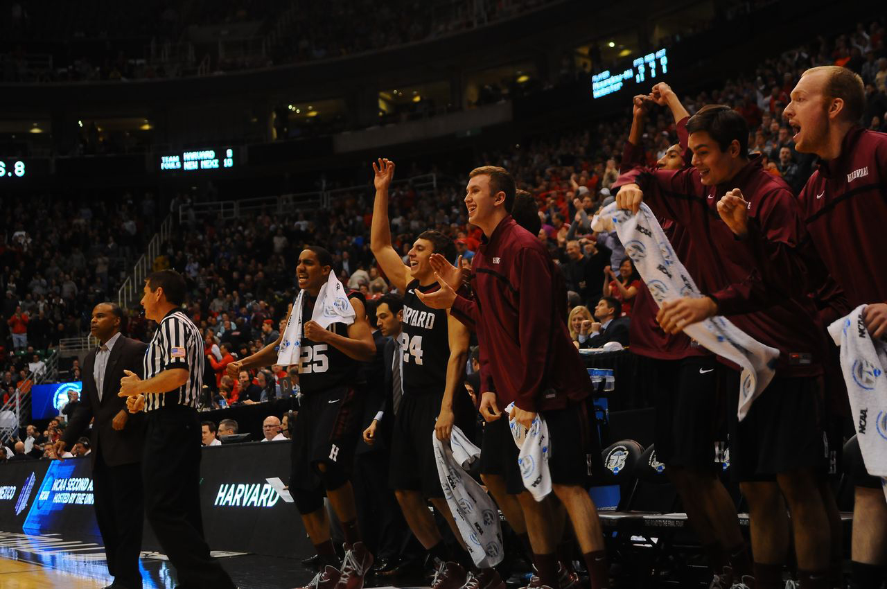 Led by coach Tommy Amaker, the Harvard men’s basketball team, shown left during its 2013 NCAA Tournament win over New Mexico, still has a lot to celebrate.