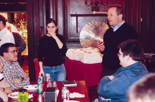 Summers addresses students in the Adams House dining hall during his tenure as university president in 2004.