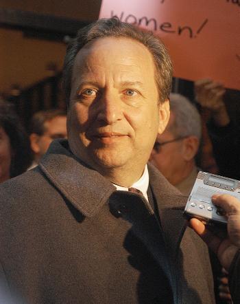 Summers spoke to the media outside the Loeb Drama Center after the Faculty voted that they lack confidence in his leadership.
