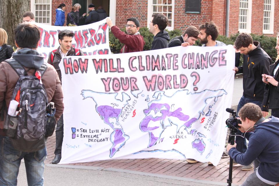 Students assemble outside Massachusetts Hall during the Harvard Divest Rally to call for divestment of endowment funds from fossil fuels on April 11, 2013.