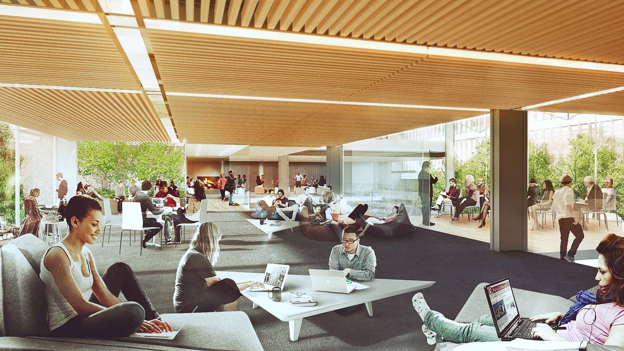 A rendering of preliminary plans for the second floor of the Smith Campus Center highlights common spaces, trees, and a fireplace.