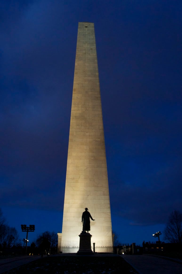The Bunker Hill Monument at night.