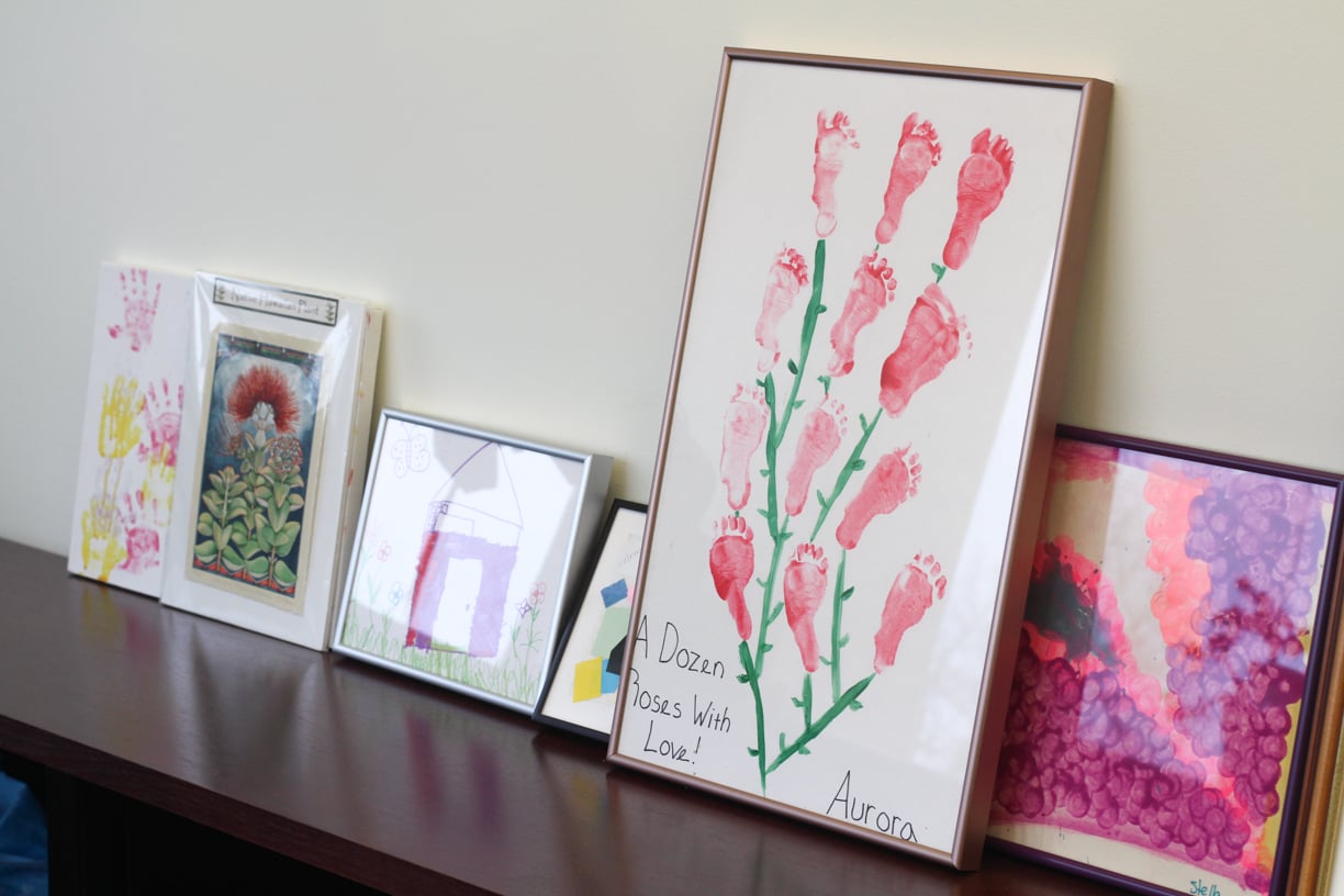 Pieces of art created by Astronomy Professor David Charbonneau's four daughters, located in his office.