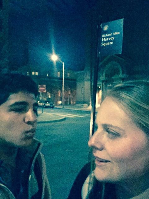 Doni and Seth have a moment outside Cafe Pamplona. 