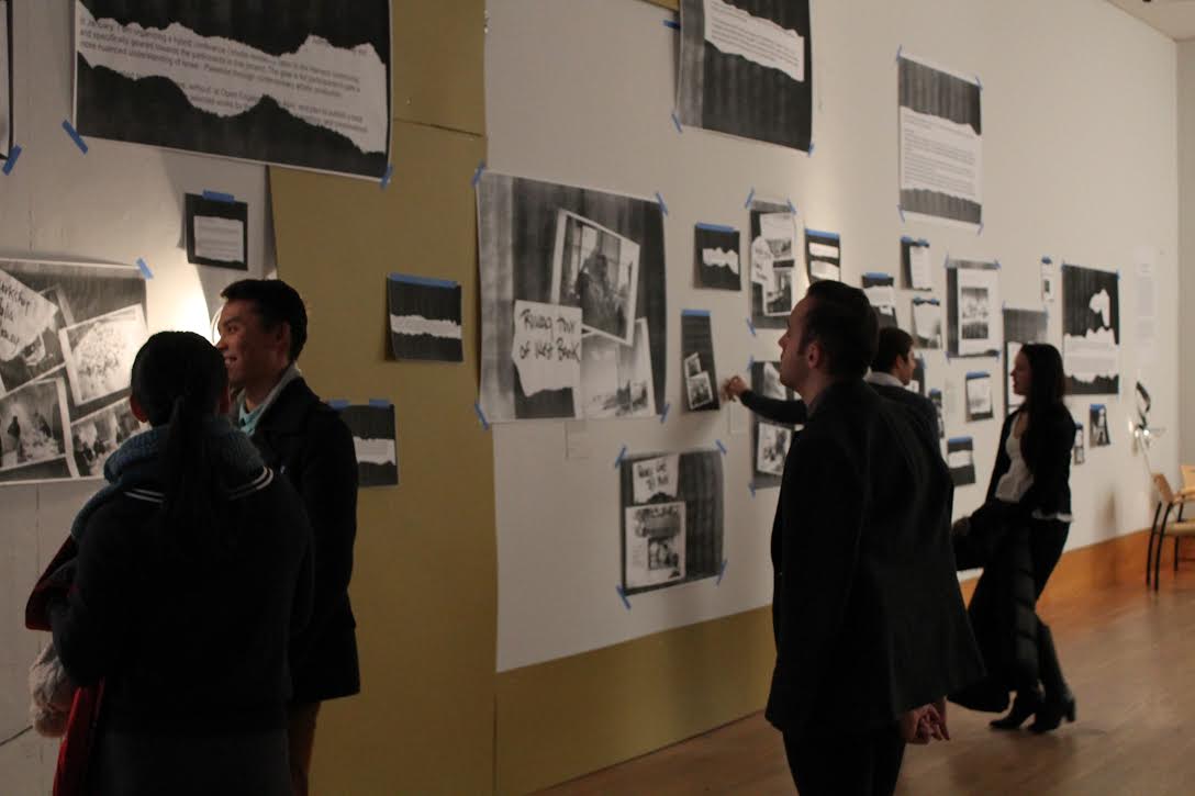 Visitors to the Arthur M. Sackler Museum view works from the exhibition opening of "here, without" on January 24.