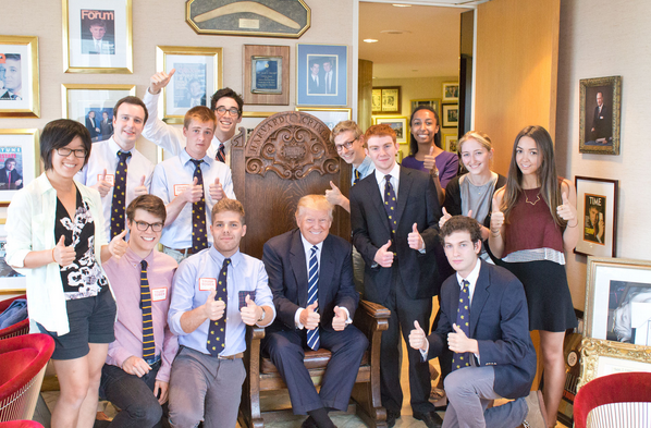 Members of the Harvard Lampoon gave The Crimson's president's chair to U.S. President Donald Trump and claimed that the newspaper's editorial board had endorsed him as part of a prank during the 2016 presidential campaign.