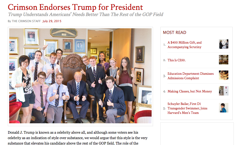 Some pranksters published an article, parodying The Crimson, that purported to endorse Donald J. Trump for president on behalf of the newspaper. (The real Crimson staff has not yet endorsed a candidate in the 2016 presidential race.)