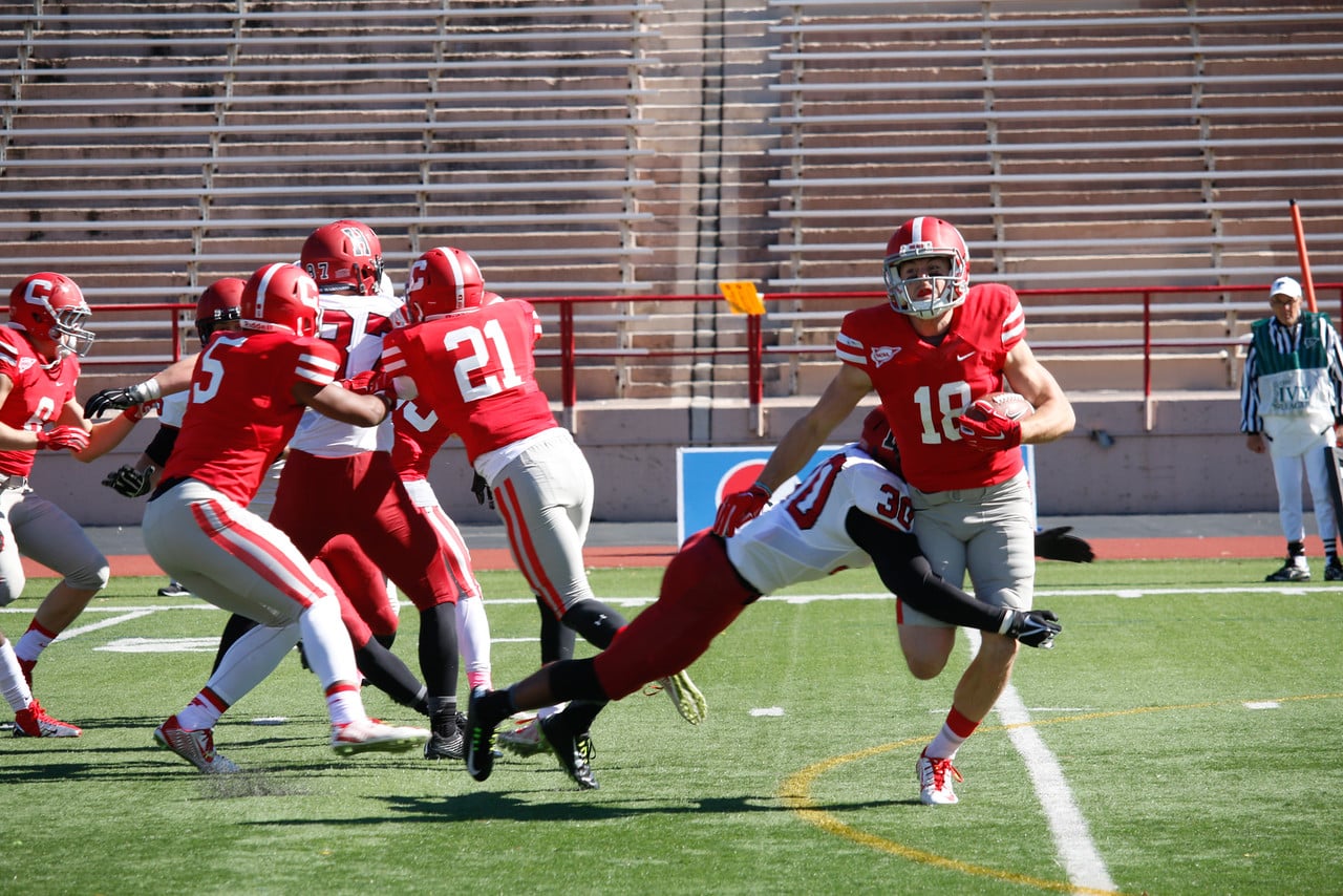 The Crimson defense, shown in previous action against Cornell on Oct. 10, 2015, held the Lafayette running game to negative 18 yards and kept the Leopard offense out of the end zone. The question is whether the defense will hold up as well against stronger Ivy competition to come.