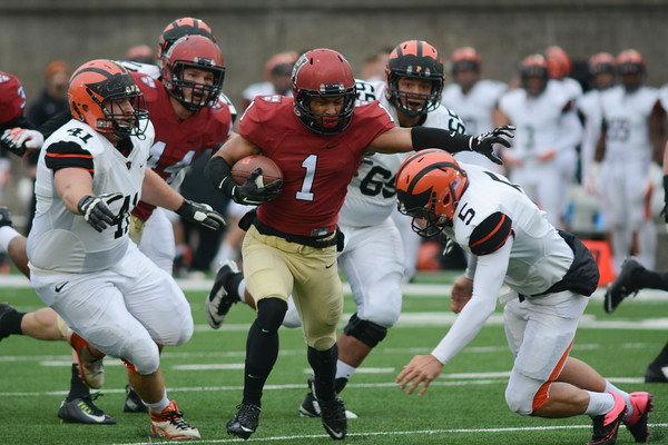 Senior Andrew Fischer (1) logged 190 receiving yards and a touchdown Saturday against Princeton. The Tigers forced the Crimson’s first two turnovers of the season and held close with the hosts through the first half, but the visitors fell off the pace on both sides of the ball in the second.