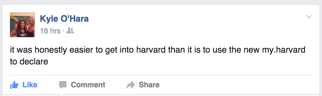 Our writer Kyle poured her my.harvard woes onto Facebook.