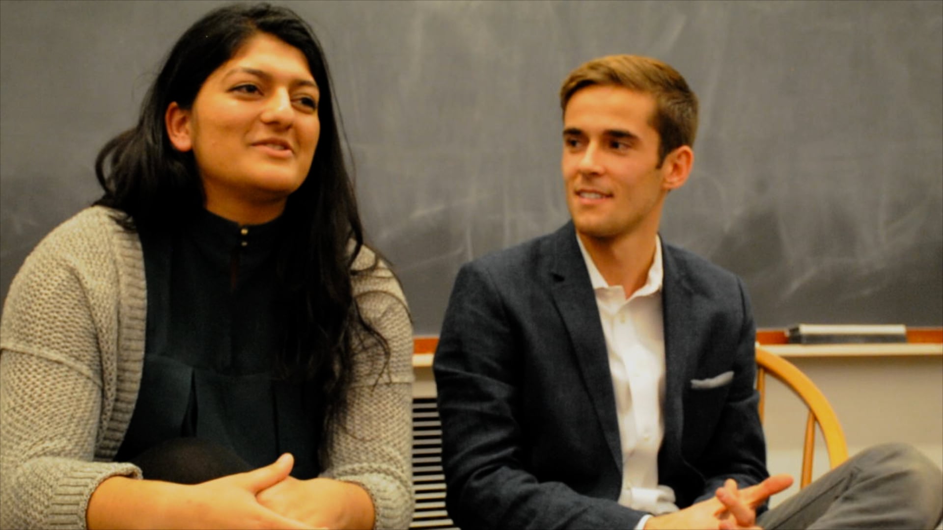 Shaiba Rather ’17 of Cabot House and Daniel V. Banks ’17 of Dunster Houses speak at the UC-Crimson Crossfire Debate on Saturday evening.