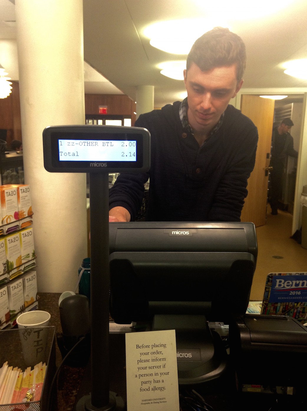 Lamont Cafe barista Mike A. Skerett '18 swipes $2 off of a poor freshman's BoardPlus. 