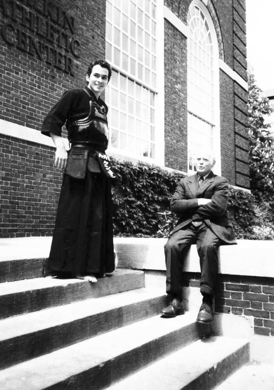 “Probably around sophomore year of college, when I was in the Harvard-Radcliffe Kendo Club,” Professor Cushman captions this photograph. He is pictured with his grandfather, Dr. David L. Andrews.