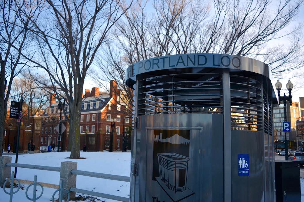 The Portland Loo public bathroom opened in Harvard Square on Friday, February 12.