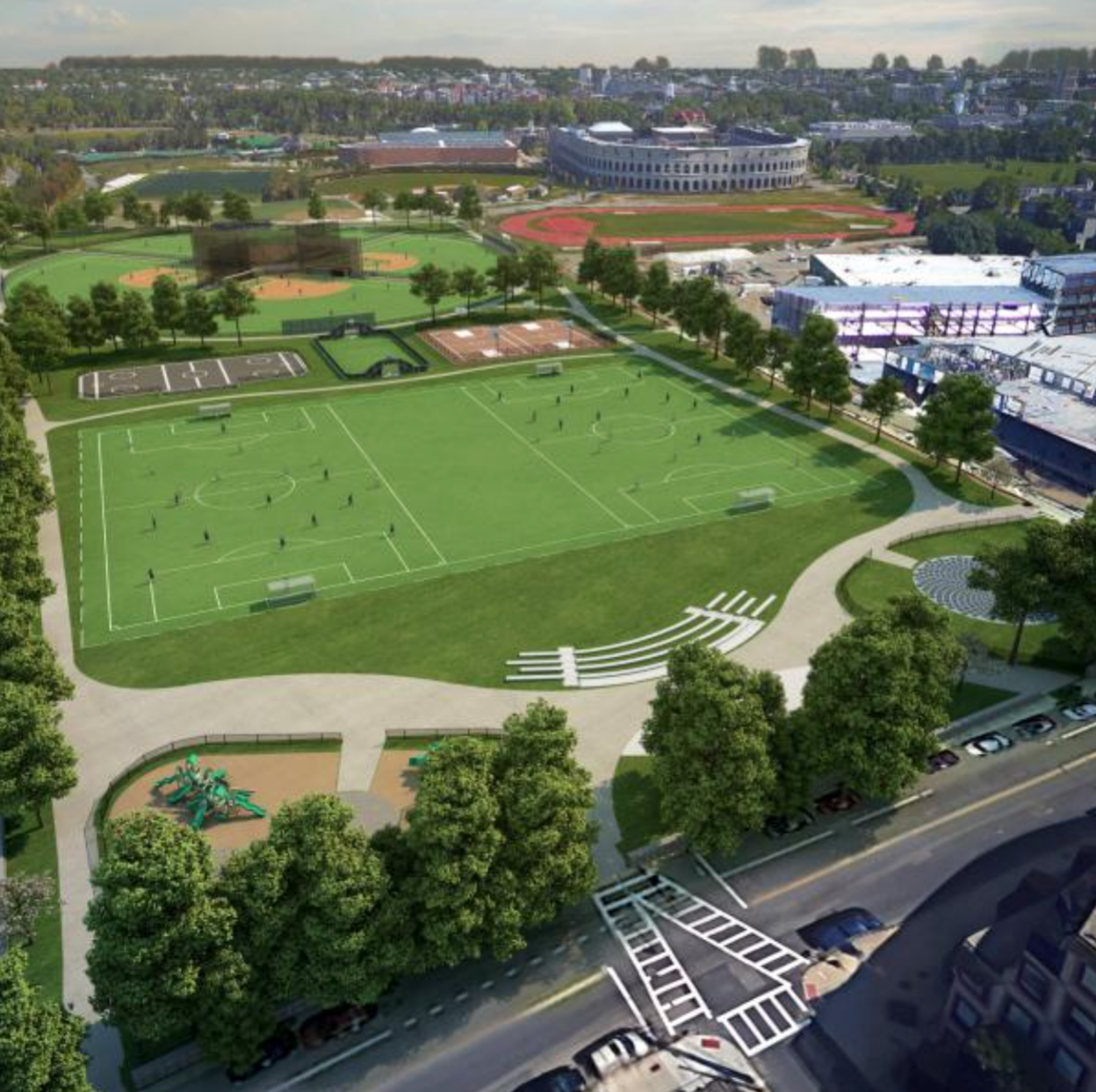 The new layout of the Smith Field Playground includes four adjacent little league and softball fields.