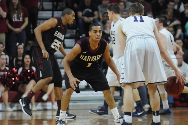 Yale sophomore point guard Makai Mason, shown above being defended by Harvard point guard Siyani Chambers in the 2015 Ivy League playoff, has declared for the NBA Draft.  