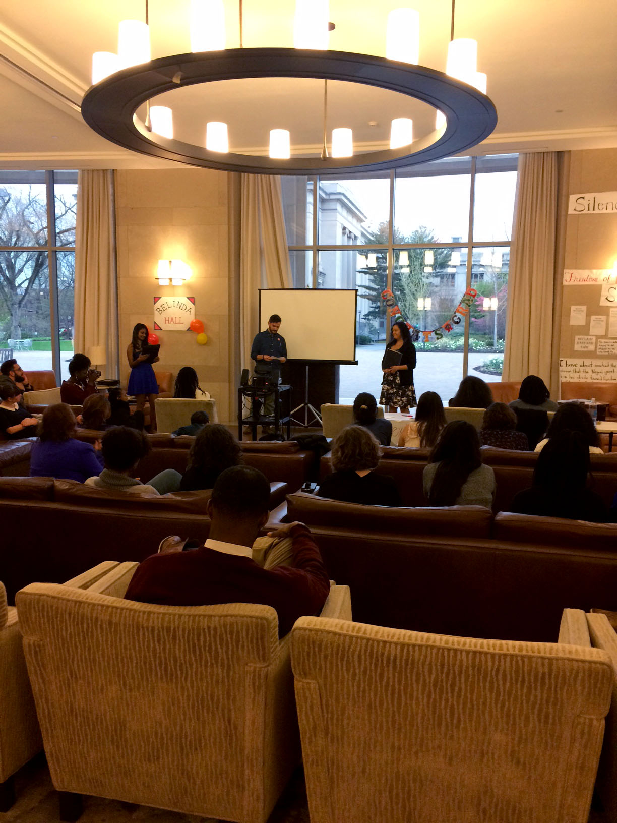 Students from Reclaim Harvard Law host an informal commencement ceremony to honor their graduating members on Tuesday evening in Caspersen Student Center, which they refer to as Belinda Hall.