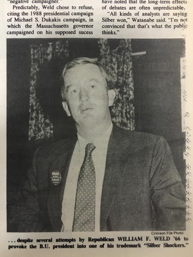 William F. Weld in the October 23, 1990, issue of The Harvard Crimson in the lead up to
the 1990 Massachusetts Gubernatorial election.