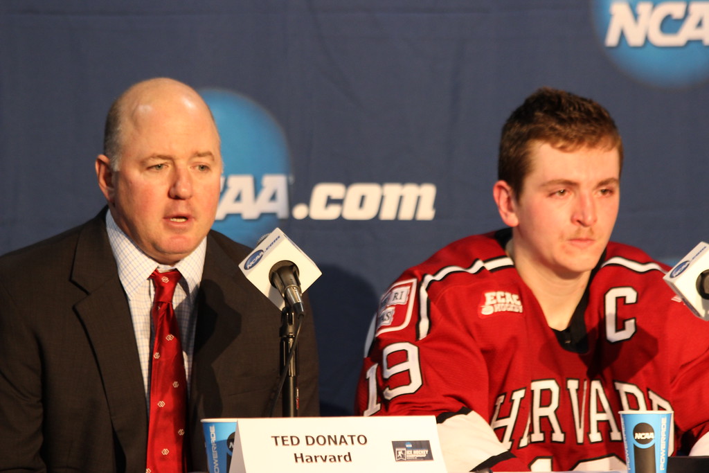 Ted Donato (left) and Jimmy Vesey (right) speak during an emotional final press conference in Worcester after being eliminated by BC. 