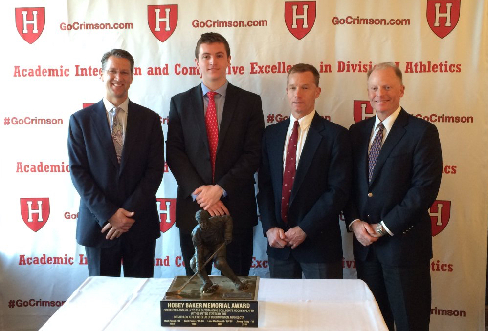 May 9: After becoming Harvard's fourth Hobey Baker Award winner in program history, Vesey (second from the left) was honored alongside the Crimson's first three winners at a reception in Downtown Boston.